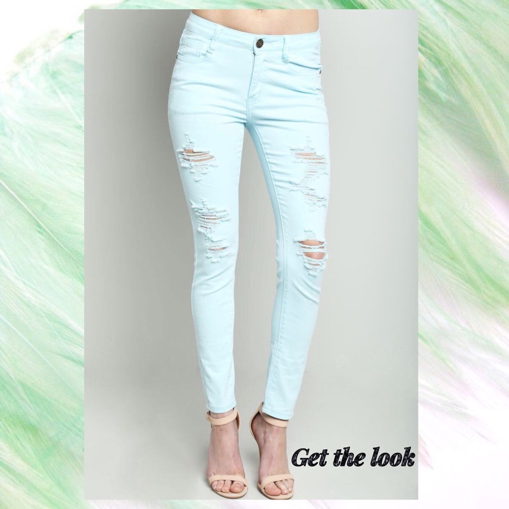 Pale Mint Distressed Skinny Jeans